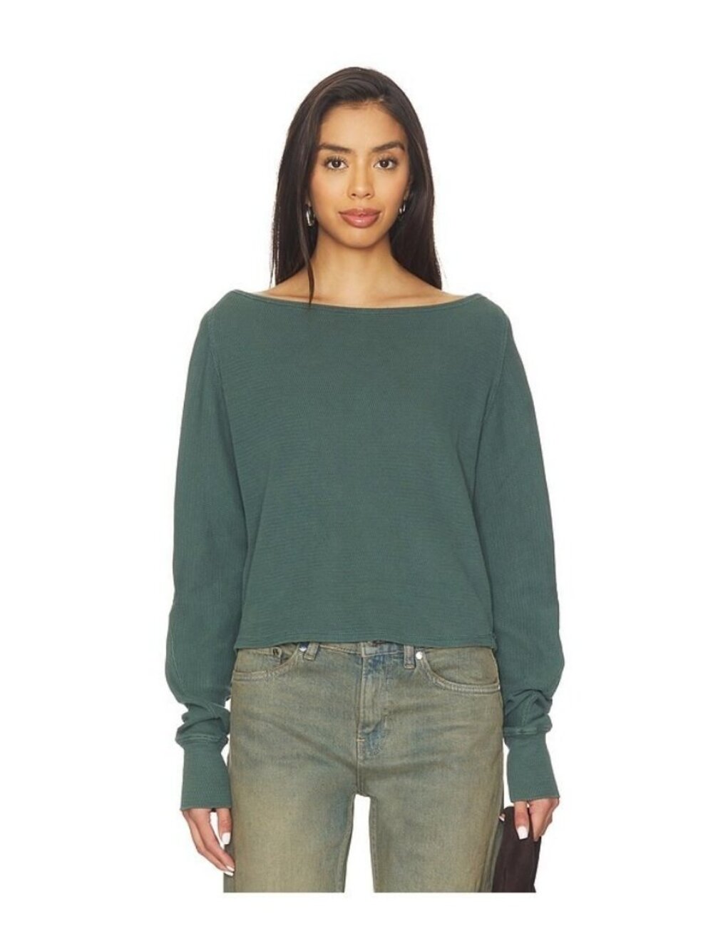 Free People Jess Women's L Boat Neck Long Sleeve Thermal Top Rainforest Green